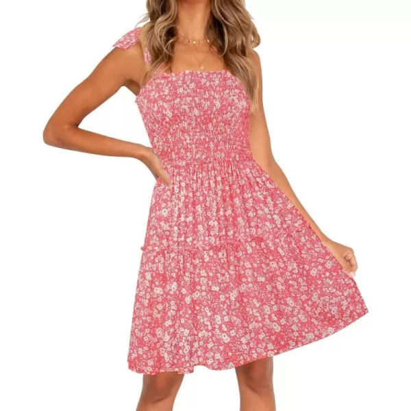 imageZESICA Womens 2023 Summer Boho Floral Printed Spaghetti Strap Square Neck Ruffle A Line Swing Beach Mini DressPink