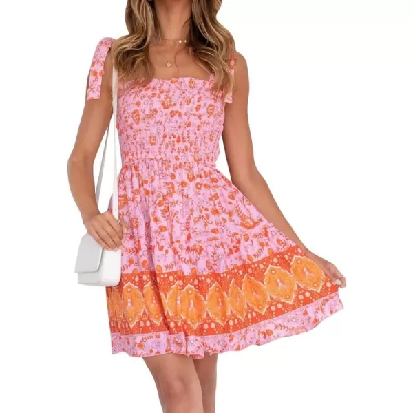 imageZESICA Womens 2023 Summer Boho Floral Printed Spaghetti Strap Square Neck Ruffle A Line Swing Beach Mini DressPinkorange