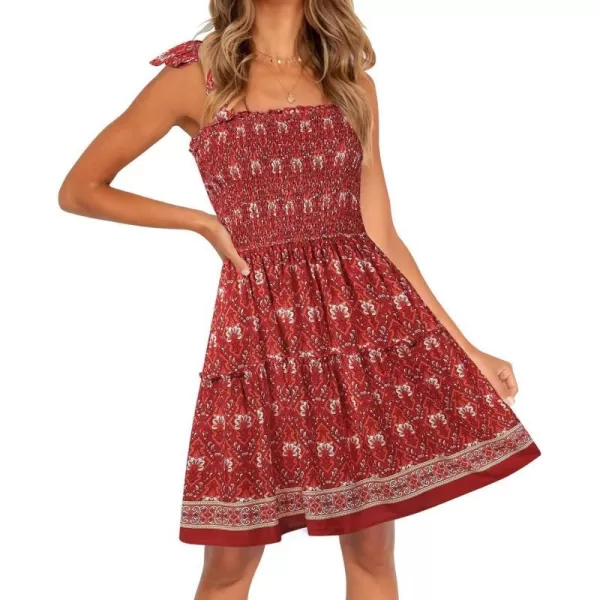 imageZESICA Womens 2023 Summer Boho Floral Printed Spaghetti Strap Square Neck Ruffle A Line Swing Beach Mini DressRed
