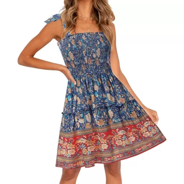 imageZESICA Womens 2023 Summer Boho Floral Printed Spaghetti Strap Square Neck Ruffle A Line Swing Beach Mini DressRoyalblue