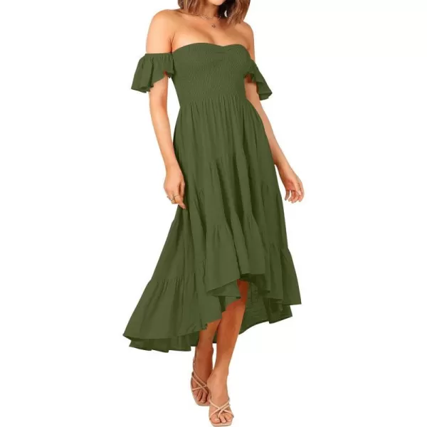 imageZESICA Womens 2023 Summer Boho Off Shoulder Short Sleeve Smocked Ruffle Swing High Low Mermaid Cocktail Party DressArmygreen