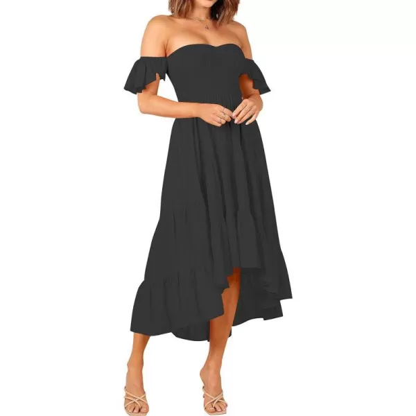 imageZESICA Womens 2023 Summer Boho Off Shoulder Short Sleeve Smocked Ruffle Swing High Low Mermaid Cocktail Party DressBlack