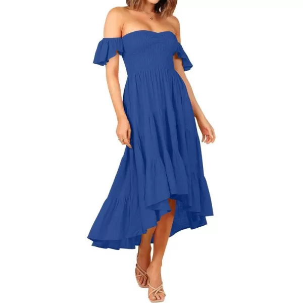 imageZESICA Womens 2023 Summer Boho Off Shoulder Short Sleeve Smocked Ruffle Swing High Low Mermaid Cocktail Party DressBlue