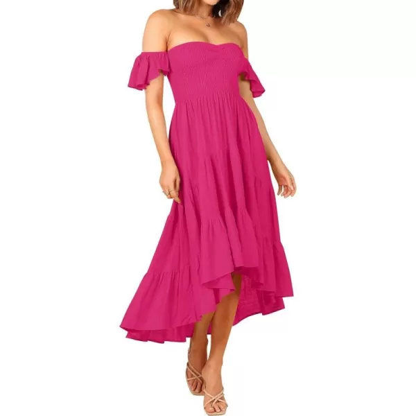 imageZESICA Womens 2023 Summer Boho Off Shoulder Short Sleeve Smocked Ruffle Swing High Low Mermaid Cocktail Party DressBrightrose