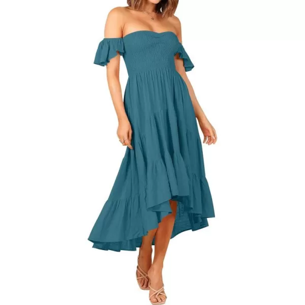 imageZESICA Womens 2023 Summer Boho Off Shoulder Short Sleeve Smocked Ruffle Swing High Low Mermaid Cocktail Party DressDarkblue