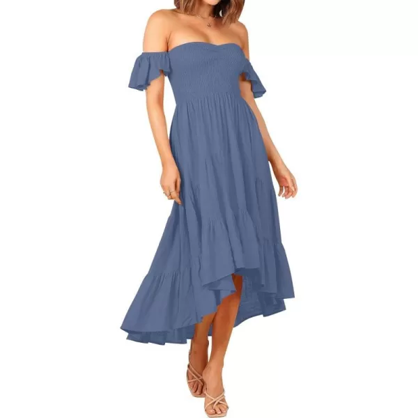 imageZESICA Womens 2023 Summer Boho Off Shoulder Short Sleeve Smocked Ruffle Swing High Low Mermaid Cocktail Party DressDustyblue