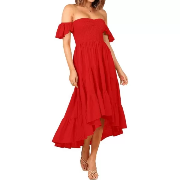 imageZESICA Womens 2023 Summer Boho Off Shoulder Short Sleeve Smocked Ruffle Swing High Low Mermaid Cocktail Party DressFirered