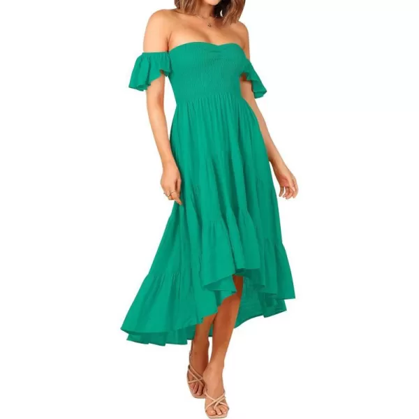 imageZESICA Womens 2023 Summer Boho Off Shoulder Short Sleeve Smocked Ruffle Swing High Low Mermaid Cocktail Party DressGrassgreen