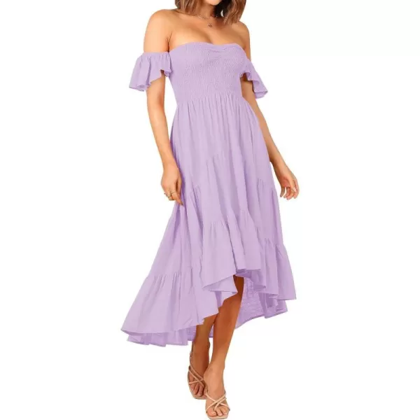 imageZESICA Womens 2023 Summer Boho Off Shoulder Short Sleeve Smocked Ruffle Swing High Low Mermaid Cocktail Party DressLightpurple