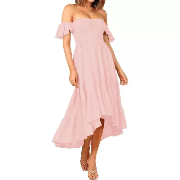 imageZESICA Womens 2023 Summer Boho Off Shoulder Short Sleeve Smocked Ruffle Swing High Low Mermaid Cocktail Party DressPink