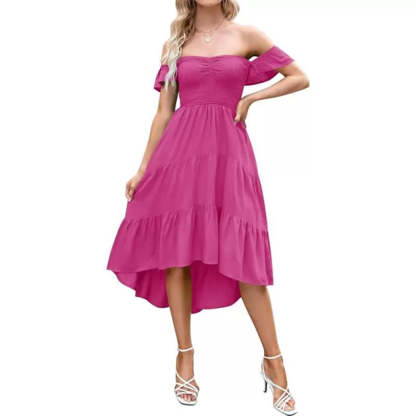 imageZESICA Womens 2023 Summer Boho Off Shoulder Short Sleeve Smocked Ruffle Swing High Low Mermaid Cocktail Party DressRosepink