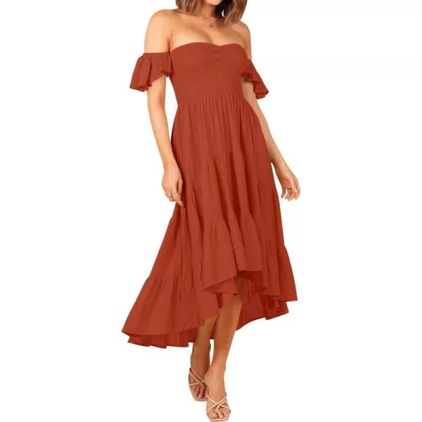 imageZESICA Womens 2023 Summer Boho Off Shoulder Short Sleeve Smocked Ruffle Swing High Low Mermaid Cocktail Party DressRust