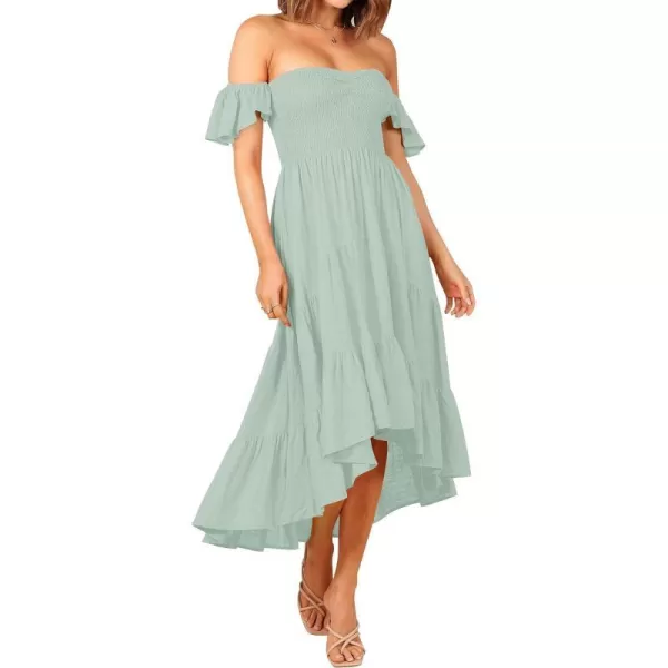 imageZESICA Womens 2023 Summer Boho Off Shoulder Short Sleeve Smocked Ruffle Swing High Low Mermaid Cocktail Party DressSage