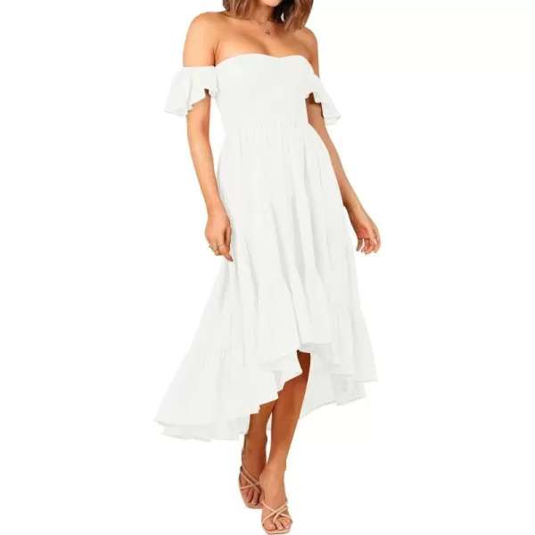 imageZESICA Womens 2023 Summer Boho Off Shoulder Short Sleeve Smocked Ruffle Swing High Low Mermaid Cocktail Party DressWhite