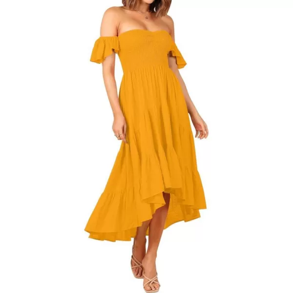 imageZESICA Womens 2023 Summer Boho Off Shoulder Short Sleeve Smocked Ruffle Swing High Low Mermaid Cocktail Party DressYellow