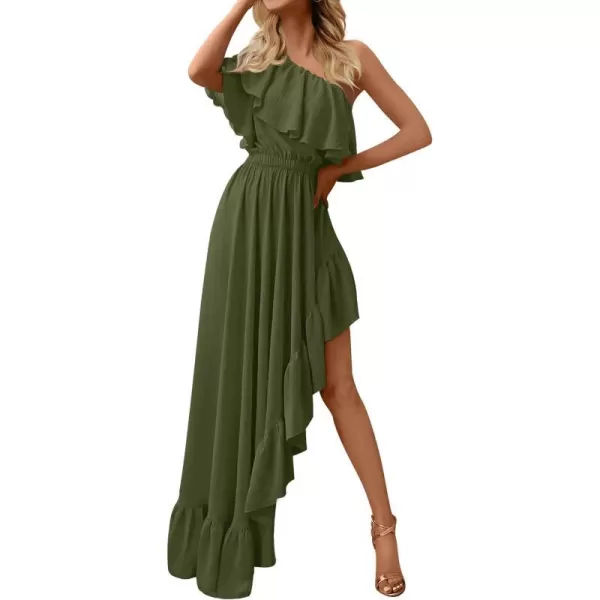 imageZESICA Womens 2023 Summer Boho One Shoulder Sleeveless Ruffle Asymmetrical High Low Flowy Prom Gown Wedding Long DressArmygreen