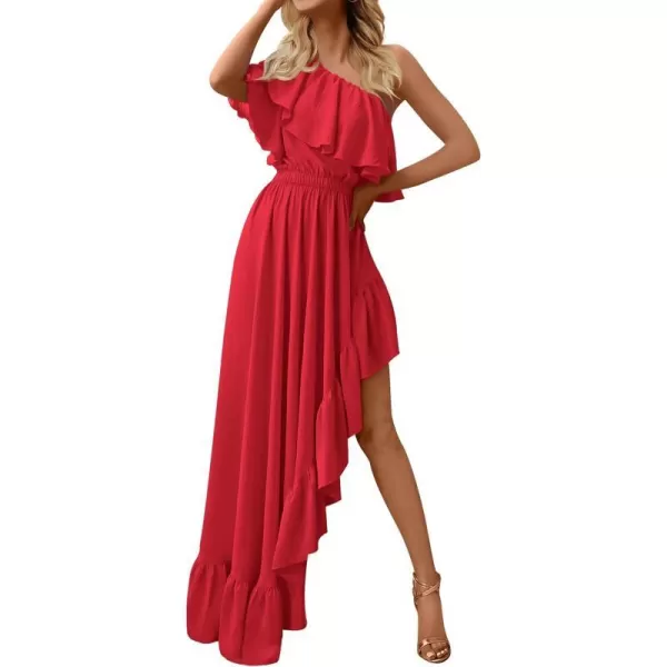 imageZESICA Womens 2023 Summer Boho One Shoulder Sleeveless Ruffle Asymmetrical High Low Flowy Prom Gown Wedding Long DressRed
