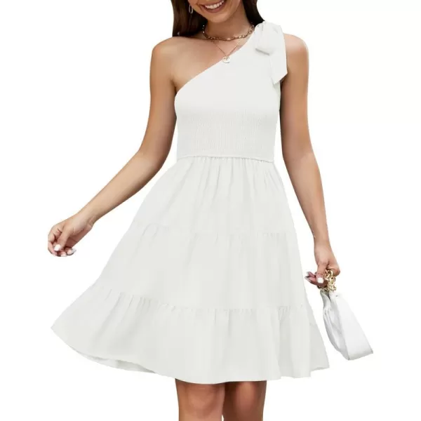 imageZESICA Womens 2023 Summer Boho One Shoulder Sleeveless Solid Color Smocked Tiered Ruffle A Line Swing Short Mini DressZESICA Womens 2023 Summer Boho One Shoulder Sleeveless Solid Color Smocked Tiered Ruffle A Line Swing Short Mini Dress