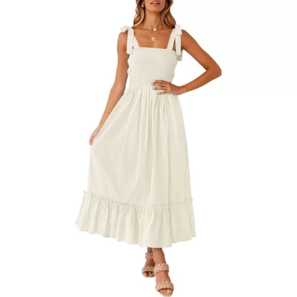 imageZESICA Womens 2023 Summer Boho Spaghetti Strap Square Neck Solid Color Ruffle A Line Beach Long Maxi DressApricot