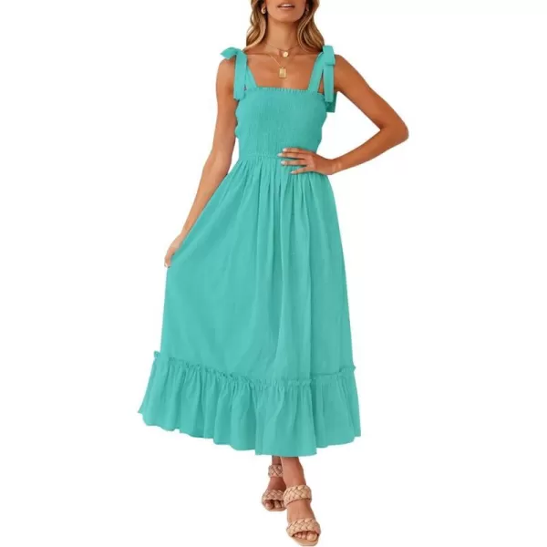 imageZESICA Womens 2023 Summer Boho Spaghetti Strap Square Neck Solid Color Ruffle A Line Beach Long Maxi DressAqua