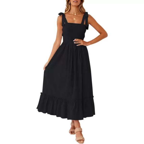 imageZESICA Womens 2023 Summer Boho Spaghetti Strap Square Neck Solid Color Ruffle A Line Beach Long Maxi DressBlack