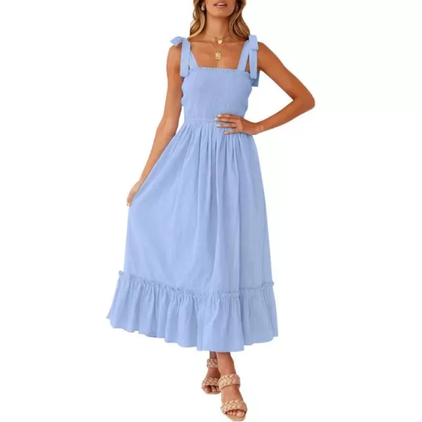 imageZESICA Womens 2023 Summer Boho Spaghetti Strap Square Neck Solid Color Ruffle A Line Beach Long Maxi DressBlue