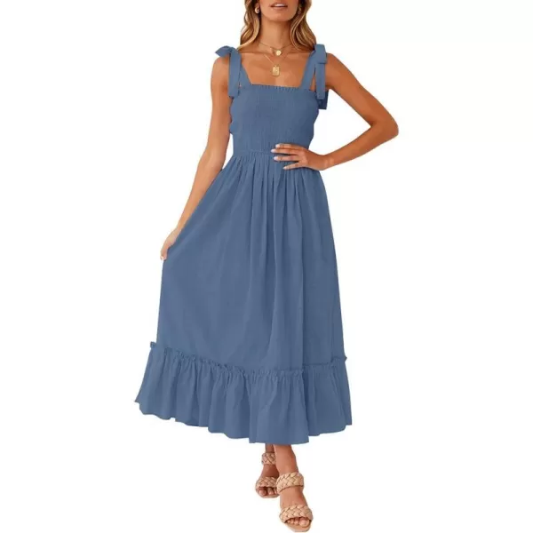 imageZESICA Womens 2023 Summer Boho Spaghetti Strap Square Neck Solid Color Ruffle A Line Beach Long Maxi DressDustyblue
