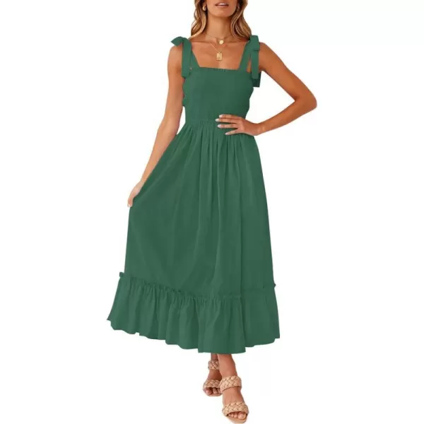 imageZESICA Womens 2023 Summer Boho Spaghetti Strap Square Neck Solid Color Ruffle A Line Beach Long Maxi DressForestgreen