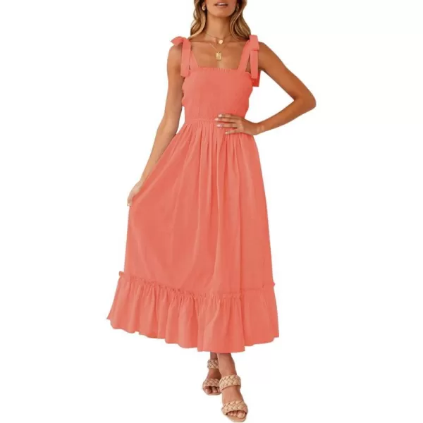 imageZESICA Womens 2023 Summer Boho Spaghetti Strap Square Neck Solid Color Ruffle A Line Beach Long Maxi DressGrapefruit