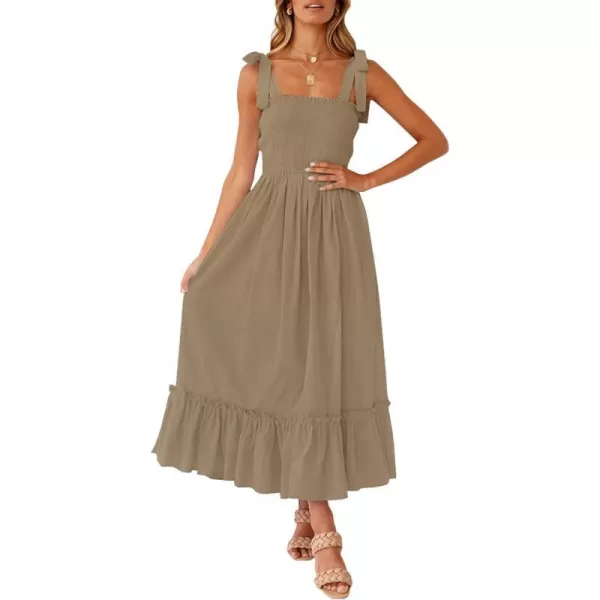 imageZESICA Womens 2023 Summer Boho Spaghetti Strap Square Neck Solid Color Ruffle A Line Beach Long Maxi DressKhaki