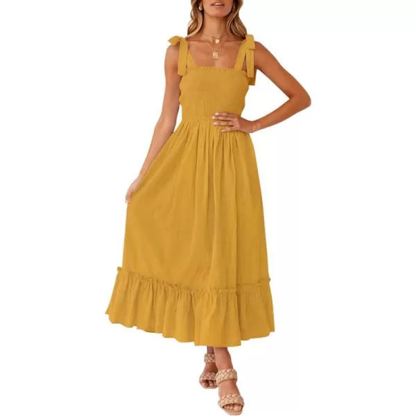 imageZESICA Womens 2023 Summer Boho Spaghetti Strap Square Neck Solid Color Ruffle A Line Beach Long Maxi DressMustard