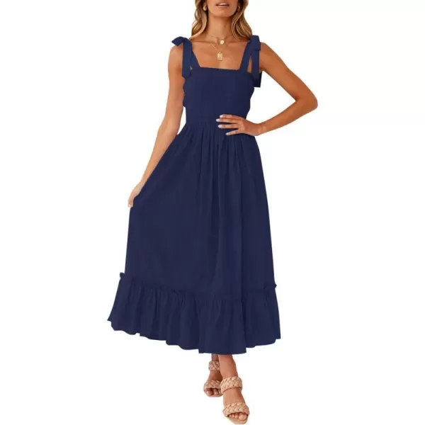 imageZESICA Womens 2023 Summer Boho Spaghetti Strap Square Neck Solid Color Ruffle A Line Beach Long Maxi DressNavy
