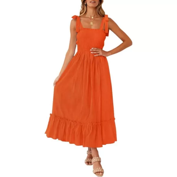 imageZESICA Womens 2023 Summer Boho Spaghetti Strap Square Neck Solid Color Ruffle A Line Beach Long Maxi DressOrange