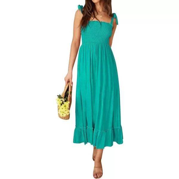 imageZESICA Womens 2023 Summer Boho Spaghetti Strap Square Neck Solid Color Ruffle A Line Beach Long Maxi DressPeacock