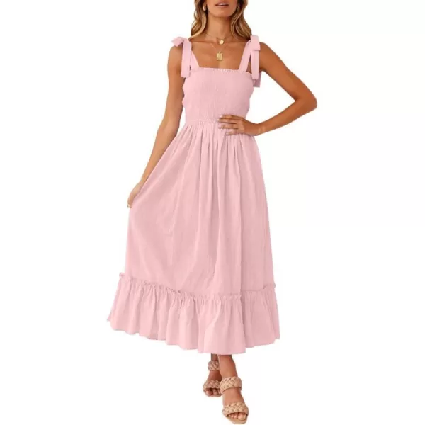 imageZESICA Womens 2023 Summer Boho Spaghetti Strap Square Neck Solid Color Ruffle A Line Beach Long Maxi DressPink