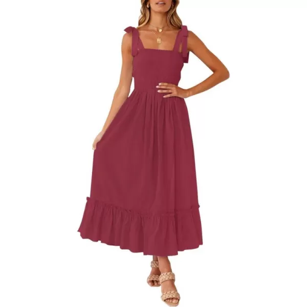 imageZESICA Womens 2023 Summer Boho Spaghetti Strap Square Neck Solid Color Ruffle A Line Beach Long Maxi DressRed