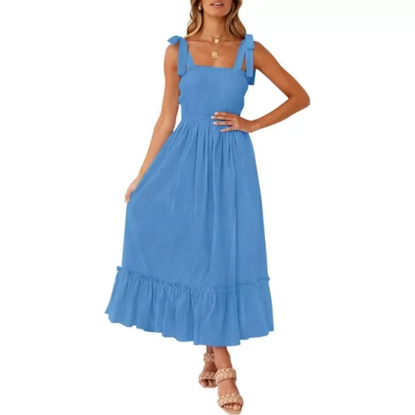 imageZESICA Womens 2023 Summer Boho Spaghetti Strap Square Neck Solid Color Ruffle A Line Beach Long Maxi DressRoyalblue
