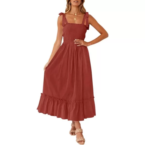 imageZESICA Womens 2023 Summer Boho Spaghetti Strap Square Neck Solid Color Ruffle A Line Beach Long Maxi DressRust