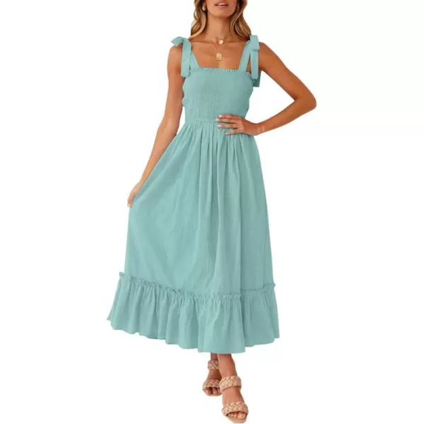 imageZESICA Womens 2023 Summer Boho Spaghetti Strap Square Neck Solid Color Ruffle A Line Beach Long Maxi DressSage