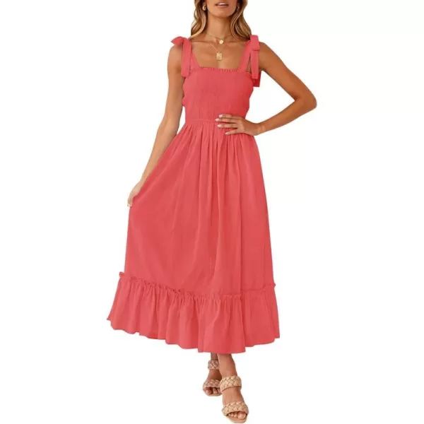 imageZESICA Womens 2023 Summer Boho Spaghetti Strap Square Neck Solid Color Ruffle A Line Beach Long Maxi DressWatermelon