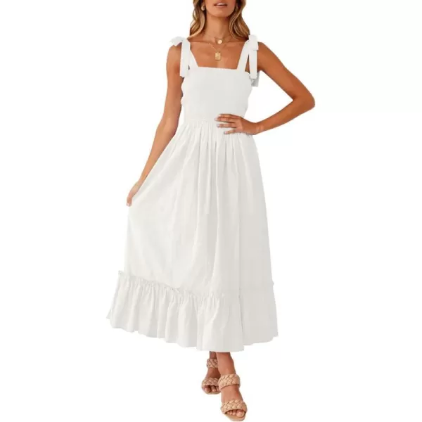 imageZESICA Womens 2023 Summer Boho Spaghetti Strap Square Neck Solid Color Ruffle A Line Beach Long Maxi DressWhite