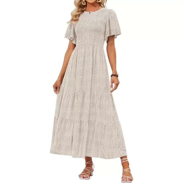 imageZESICA Womens 2023 Summer Casual Floral Print Short Flutter Sleeve Crew Neck Smocked High Waist Flowy Maxi DressBeige