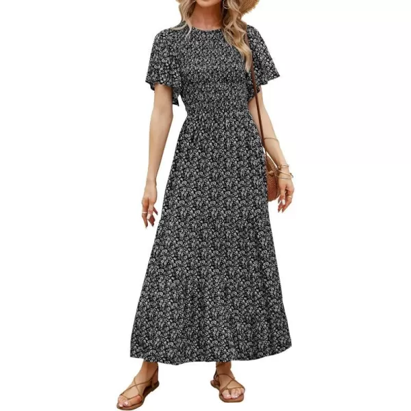 imageZESICA Womens 2023 Summer Casual Floral Print Short Flutter Sleeve Crew Neck Smocked High Waist Flowy Maxi DressBlack