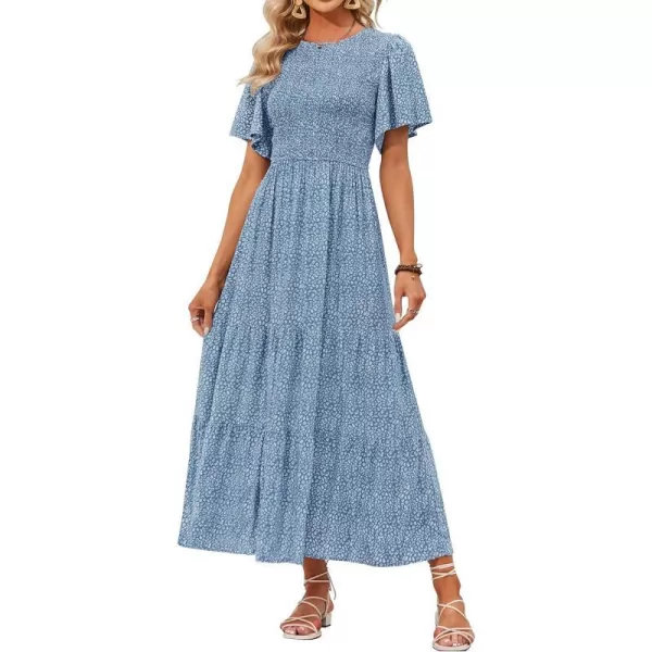imageZESICA Womens 2023 Summer Casual Floral Print Short Flutter Sleeve Crew Neck Smocked High Waist Flowy Maxi DressBlue