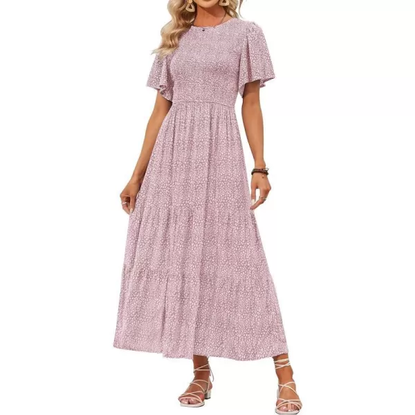 imageZESICA Womens 2023 Summer Casual Floral Print Short Flutter Sleeve Crew Neck Smocked High Waist Flowy Maxi DressDarkpink