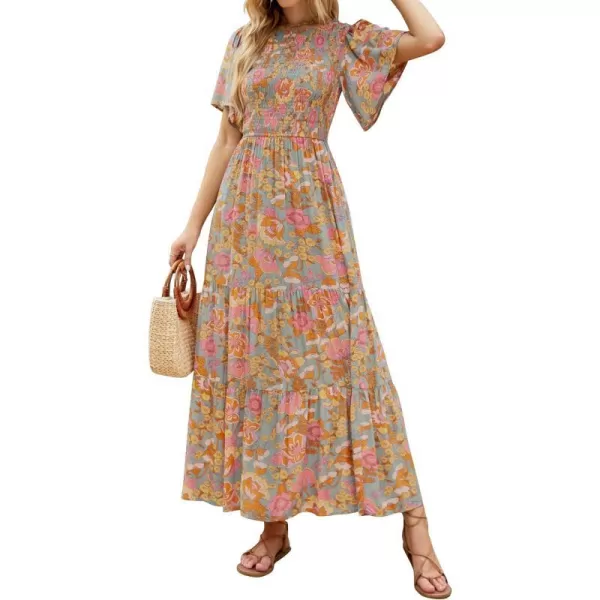 imageZESICA Womens 2023 Summer Casual Floral Print Short Flutter Sleeve Crew Neck Smocked High Waist Flowy Maxi DressGreygreen