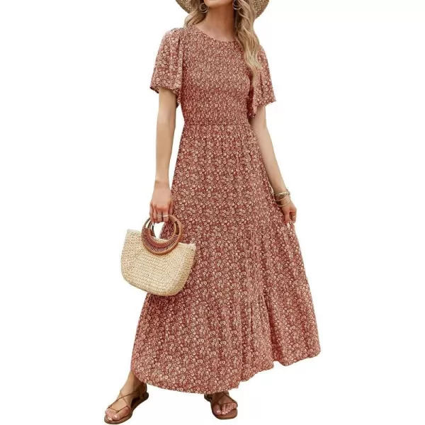 imageZESICA Womens 2023 Summer Casual Floral Print Short Flutter Sleeve Crew Neck Smocked High Waist Flowy Maxi DressOrange