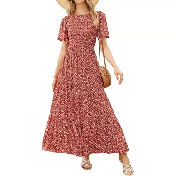 imageZESICA Womens 2023 Summer Casual Floral Print Short Flutter Sleeve Crew Neck Smocked High Waist Flowy Maxi DressOrangered