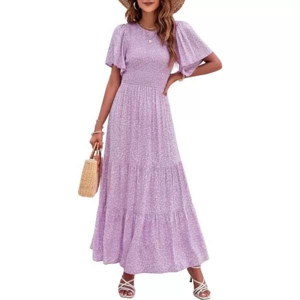 imageZESICA Womens 2023 Summer Casual Floral Print Short Flutter Sleeve Crew Neck Smocked High Waist Flowy Maxi DressPurple