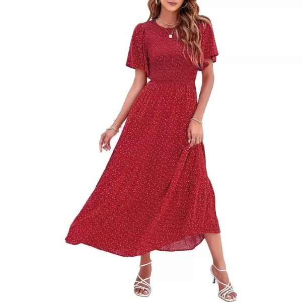 imageZESICA Womens 2023 Summer Casual Floral Print Short Flutter Sleeve Crew Neck Smocked High Waist Flowy Maxi DressRed